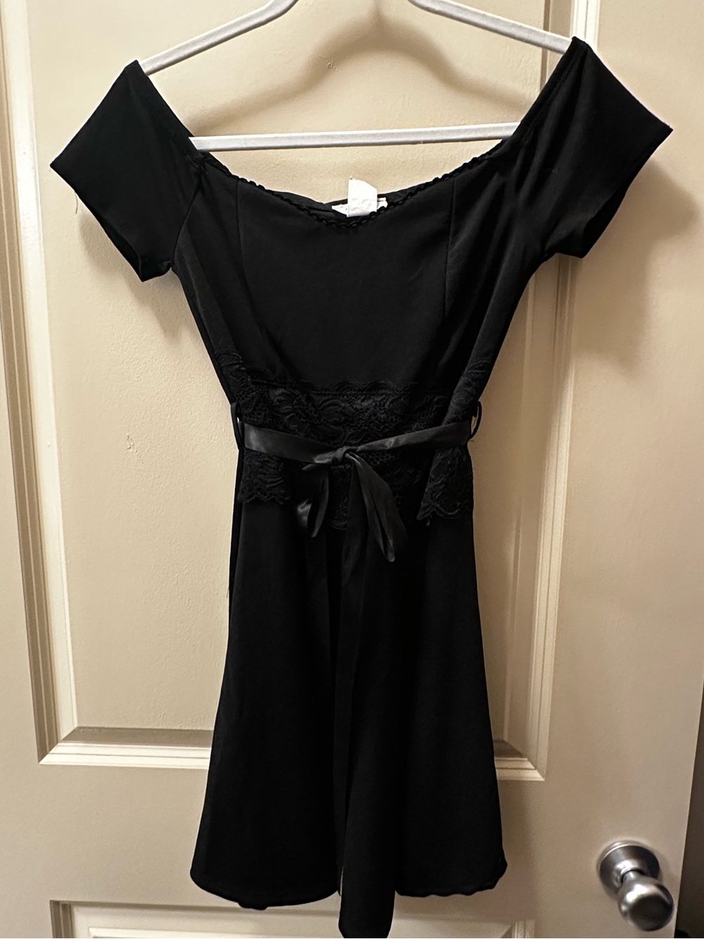 January 7 Black Romantic Off the Shoulder Lace Waist Tie Dress